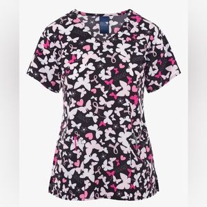 Zoe & Chloe Pink cancer Awareness. 2-Pocket STRETCH V-Neck Print Scrub Sz Med